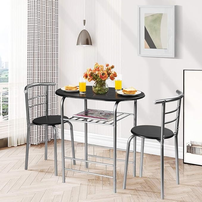 FANTASK 3 Pieces Dining Set, Breakfast Table Set w/Metal Frame and Storage Shelf, Compact Table and 2 Chairs Set for Home Bistro Pub Apartment Kitchen Dining Room Cafe - LeafyLoom