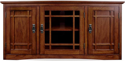 Leick Home 82350 Solid Wood Mission Oak Three Door TV Stand For 55" TVs Universal TV Console Living Room Storage Shelves Entertainment Center, Mission Oak - LeafyLoom
