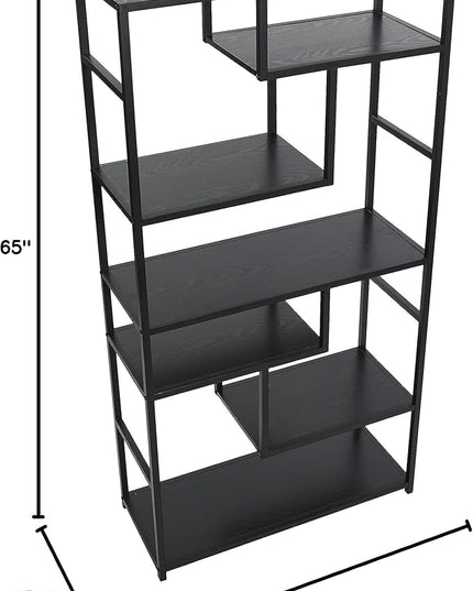 Household Essentials Black Oak Geometric Tall Open Book Shelf | Mid Century Modern Shelves - LeafyLoom