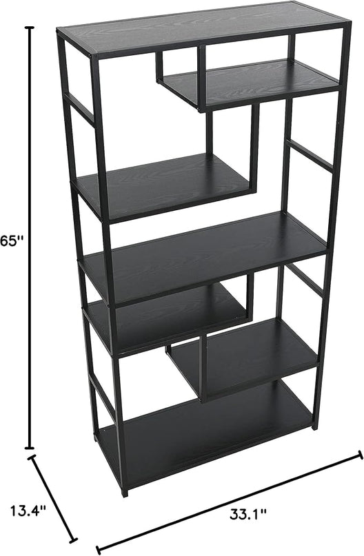 Household Essentials Black Oak Geometric Tall Open Book Shelf | Mid Century Modern Shelves - LeafyLoom