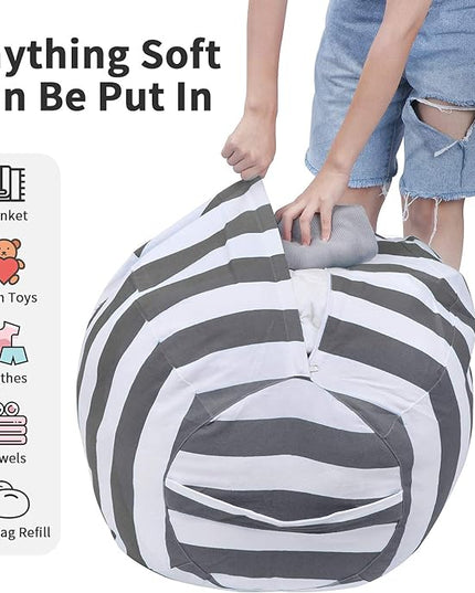 2 PCS Stuffed Animal Storage Bean Bag Chair Cover, Cotton Canvas Beanbag with Zipper for Organizing Kid's and Adults Room Grey 24" - LeafyLoom