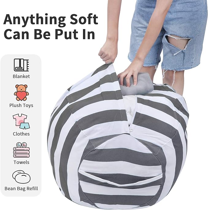 2 PCS Stuffed Animal Storage Bean Bag Chair Cover, Cotton Canvas Beanbag with Zipper for Organizing Kid's and Adults Room Grey 24" - LeafyLoom