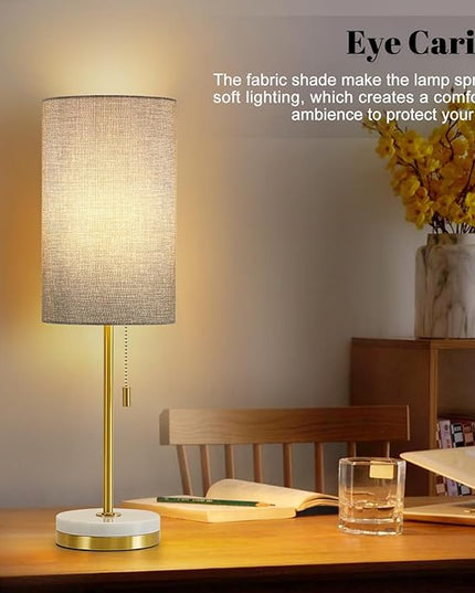 Luvkczc Minimalist Table Lamp Set of 2, Nightstand Lamp for Bedroom Living Room, Modern Pull Chain Bedside Lamp with Marble Base, Fabric Shade, Small Desk Lamp for Home, Office, Reading,Grey - LeafyLoom