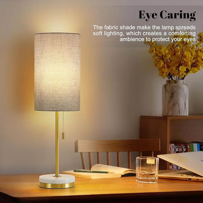 Luvkczc Minimalist Table Lamp Set of 2, Nightstand Lamp for Bedroom Living Room, Modern Pull Chain Bedside Lamp with Marble Base, Fabric Shade, Small Desk Lamp for Home, Office, Reading,Grey - LeafyLoom