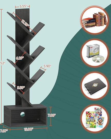 Yoobure Tree Bookshelf - 6 Shelf Retro Floor Standing Bookcase, Tall Wood Book Storage Rack for CDs/Movies/Books, Utility Book Organizer Shelves for Bedroom, Living Room, Home Office, Dark Grey - LeafyLoom