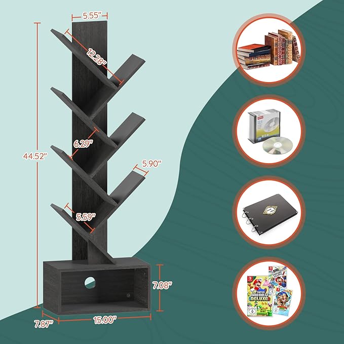 Yoobure Tree Bookshelf - 6 Shelf Retro Floor Standing Bookcase, Tall Wood Book Storage Rack for CDs/Movies/Books, Utility Book Organizer Shelves for Bedroom, Living Room, Home Office, Dark Grey - LeafyLoom