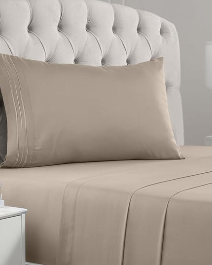 Mellanni Twin Sheets Set - 3 PC Iconic Collection Bedding Sheets & Pillowcases - Hotel Luxury, Extra Soft, Cooling Bed Sheets - Deep Pocket up to 16 inch (Twin, Tan) - LeafyLoom