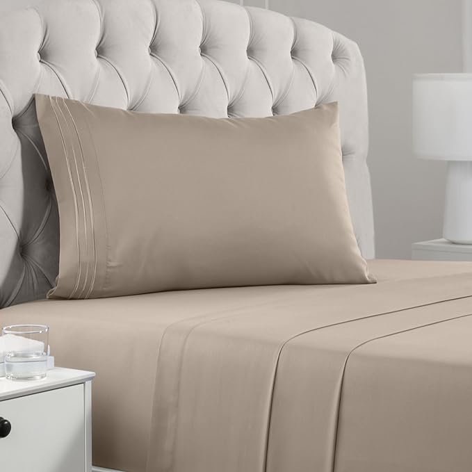 Mellanni Twin Sheets Set - 3 PC Iconic Collection Bedding Sheets & Pillowcases - Hotel Luxury, Extra Soft, Cooling Bed Sheets - Deep Pocket up to 16 inch (Twin, Tan) - LeafyLoom