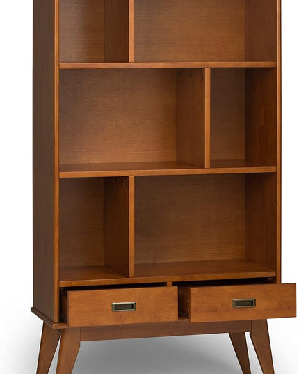 SIMPLIHOME Draper SOLID HARDWOOD 35 Inch Mid Century Modern Wide Bookcase and Storage Unit in Teak Brown, For the Living Room, Study Room and Office - LeafyLoom