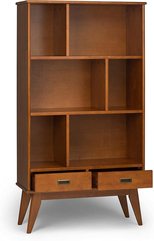 SIMPLIHOME Draper SOLID HARDWOOD 35 Inch Mid Century Modern Wide Bookcase and Storage Unit in Teak Brown, For the Living Room, Study Room and Office - LeafyLoom