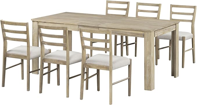 7-Piece Wooden Dinette Sets Mutifunctional Extendable Kitchen Dining Table with 12" Leaf and 2 Drawers, 6 Chairs w/Soft Cushion, for Diningroom Living Room, Easy to Assemble, Natural Wood Wash - LeafyLoom