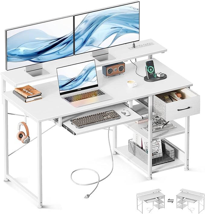 AODK Computer Desk with Keyboard Tray, 48 Inch Office Desk with Power Outlet, Work Desk with Drawer, Reversible Desk with Adjustable Monitor Shelf and Storage Shelf for Home, White - LeafyLoom
