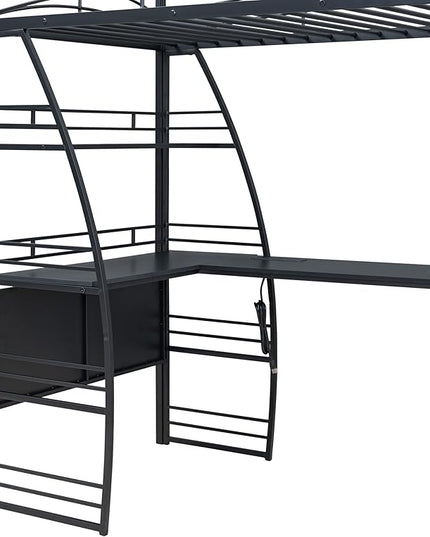 RITSU Twin Size Loft Bed with Storage 4 Layers Shelves and L-Shaped Desk, Strong Metal Bedframe, USB Ports Sockets and Wireless Charging, for Children's Room, Teens, Black - LeafyLoom