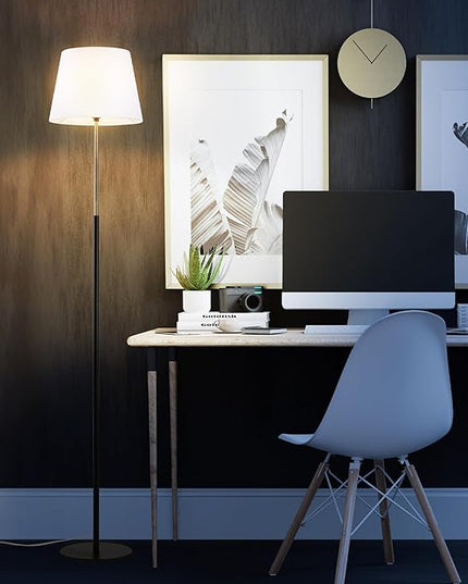 Globe Electric 61000051 60" Floor Lamp, Matte Black, Brass Accents, White Linen Shade, Flat Iron Base, On/Off Rotary Switch on Socket, Reading Lamp, Home Office Accessories, Home Décor - LeafyLoom