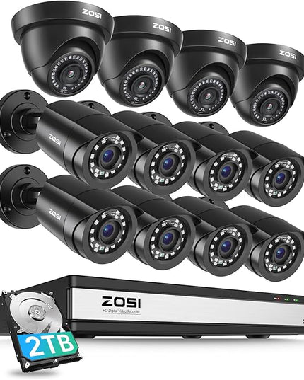 ZOSI 16CH 3K Lite Security Camera System with 2TB HDD,AI Human/Vehicle Detection,Night Vision,Remote Access,H.265+ 16 Channel 5MP Lite HD-TVI DVR with 12PCS 1080P Outdoor Indoor Surveillance Cameras ZOSI