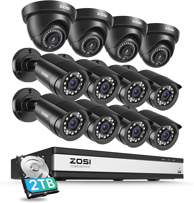 ZOSI 16CH 3K Lite Security Camera System with 2TB HDD,AI Human/Vehicle Detection,Night Vision,Remote Access,H.265+ 16 Channel 5MP Lite HD-TVI DVR with 12PCS 1080P Outdoor Indoor Surveillance Cameras ZOSI