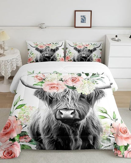 Feelyou Highland Cow Bedding Set Kids Rose Floral Bull Cattle Comforter Set for Girls Teens Western Wildlife Animal Comforter Farmhouse Duvet Set Room Decor Quilt Set King Size - LeafyLoom