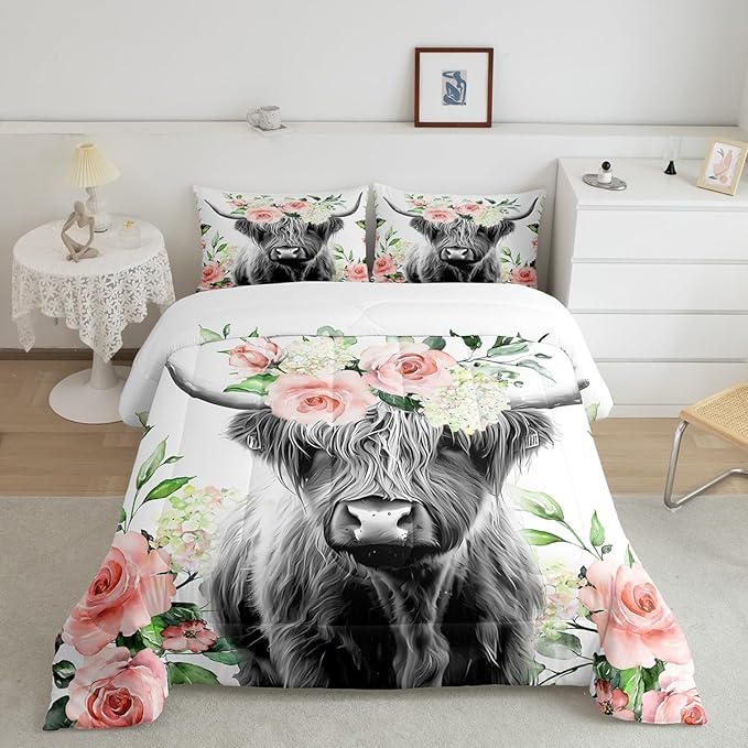 Feelyou Highland Cow Bedding Set Kids Rose Floral Bull Cattle Comforter Set for Girls Teens Western Wildlife Animal Comforter Farmhouse Duvet Set Room Decor Quilt Set King Size - LeafyLoom