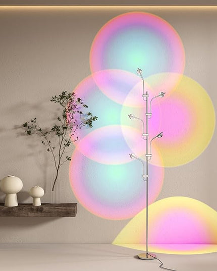 TACAHE RGBW Halo Projector Floor Lamp - 4000K LED with Replaceable Color Filters - Light and Shadow Mood Light - Multi-Head Ambient Decor Lighting for Bedroom, Living Room - 73" - 12W - Chrome - LeafyLoom