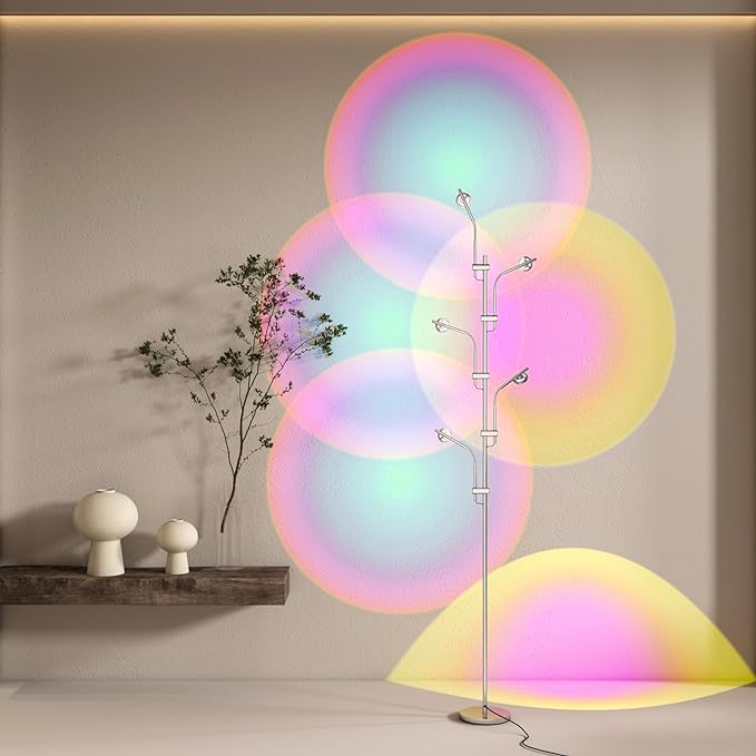 TACAHE RGBW Halo Projector Floor Lamp - 4000K LED with Replaceable Color Filters - Light and Shadow Mood Light - Multi-Head Ambient Decor Lighting for Bedroom, Living Room - 73" - 12W - Chrome - LeafyLoom