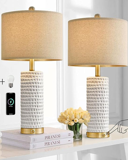 PORTRES 24" Farmhouse 3-Way Dimmable Touch Ceramic Table Lamp Set of 2 for Bedroom White Bedside Lamps with USB A+C Charging Ports for Living room Nightstand Lamp End Table lamps - LeafyLoom