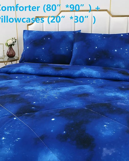 3PCS Blue Galaxy Comforter Set Full, Full Size Bed in a Bag Summer Comforter, Lightweight and Fade Resistant, Cute Full Size Quilt for Boys Girls Toddler Kids and Teens, Full - LeafyLoom