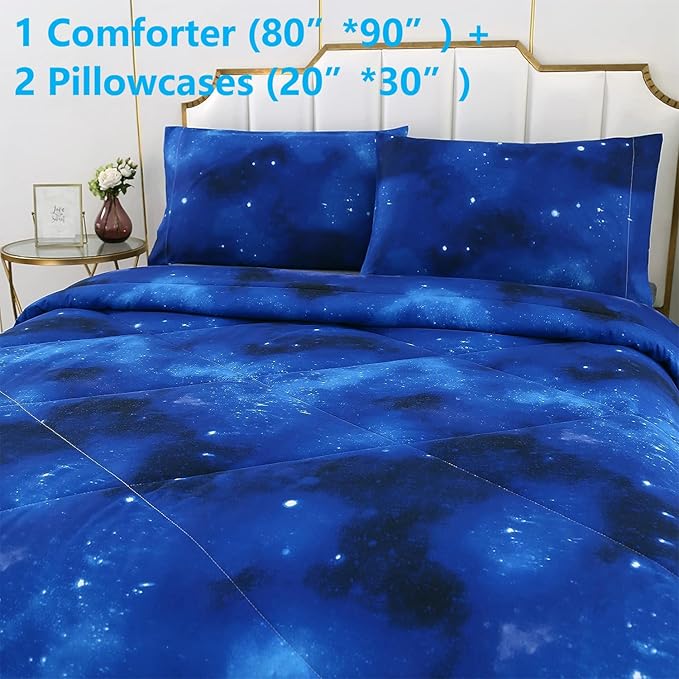 3PCS Blue Galaxy Comforter Set Full, Full Size Bed in a Bag Summer Comforter, Lightweight and Fade Resistant, Cute Full Size Quilt for Boys Girls Toddler Kids and Teens, Full - LeafyLoom