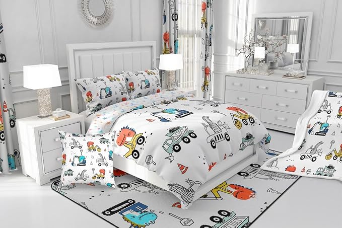Feelyou Kids Cartoon Car Comforter Set Construction Bedding Set King Size Tractor Vehicle Truck Comforter for Kids Boys Girls Cute Dinosaur Quilt Set Yellow Blue Soft for Teens Child Room Decor - LeafyLoom