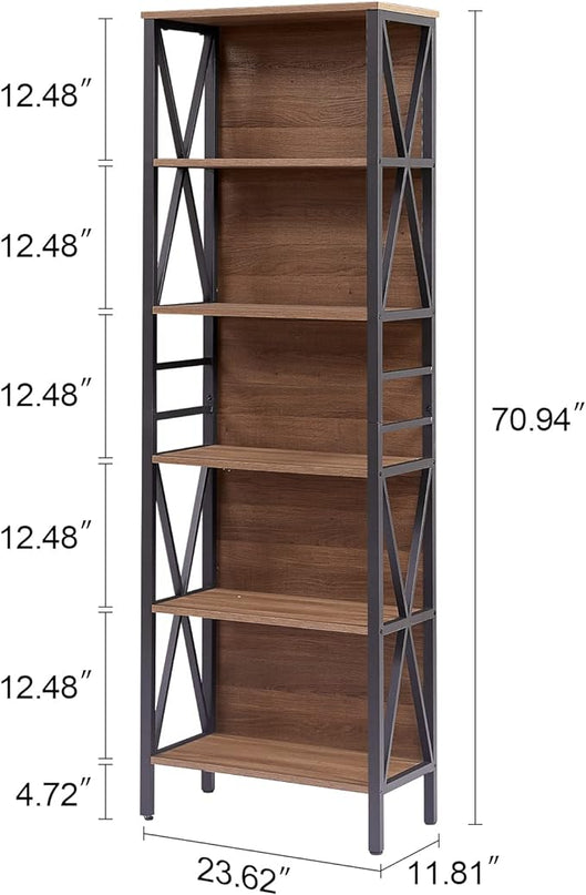 HOMISSUE Bookshelf, 6-Tier Bookshelf, Rustic Wood Metal Bookshelves and Bookcases, Freestanding Open Bookshelf, Industrial Tall Bookcase for Home Office, Living Room and Bedroom, Vintage Brown - LeafyLoom