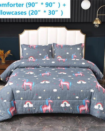 3PCS Gray Unicorn Comforter Set Queen Size, Queen Bed in a Bag Set Cute Bedding, Hotel Luxury, Lightweight Comforter Queen for Boys Girls Toddler Kids and Teens, Queen - LeafyLoom