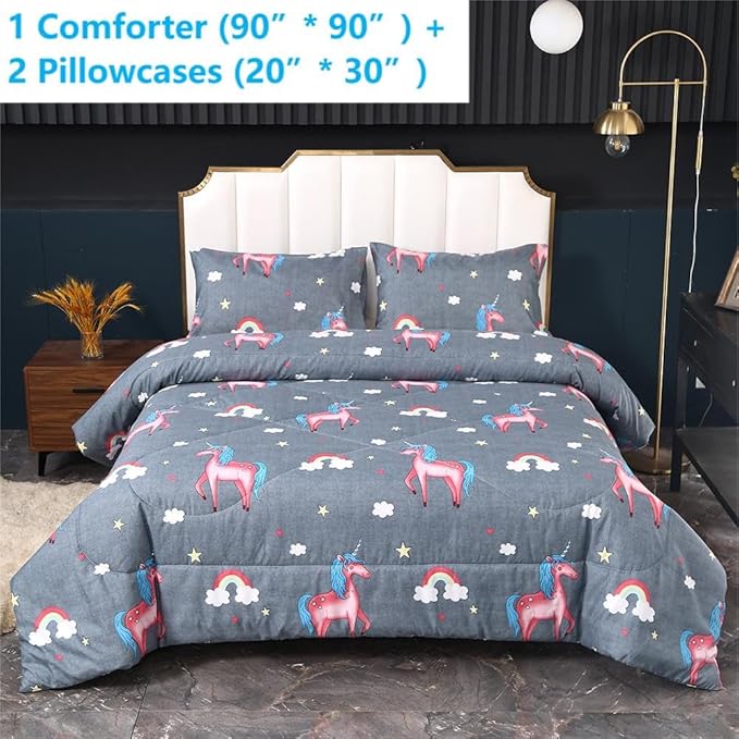 3PCS Gray Unicorn Comforter Set Queen Size, Queen Bed in a Bag Set Cute Bedding, Hotel Luxury, Lightweight Comforter Queen for Boys Girls Toddler Kids and Teens, Queen - LeafyLoom