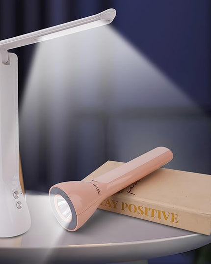 2-in-1 LED Desk Lamp Base with Flashlight for Home Office, Rechargeable, 3 Lighting Modes, Foldable & Portable Light, Cordless Table Bedside lamps, White - LeafyLoom