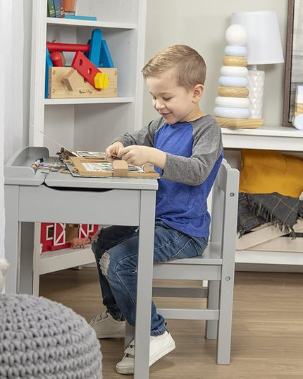 Melissa & Doug Wooden Lift-Top Desk & Chair - Gray , Grey - Toddler And Kids , For Ages 3+ With Self-Containted Storage And Chair Set - LeafyLoom