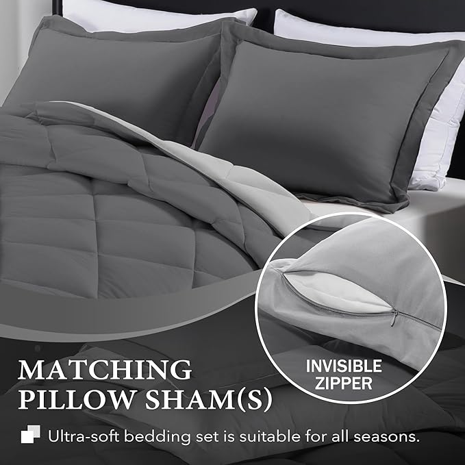 downluxe Twin Comforter Set - Charcoal and Grey Twin Comforter, Soft Bedding Sets for All Seasons -2 Pieces - 1 Comforter (66"x92") and 1 Pillow Sham(20"x26") - LeafyLoom