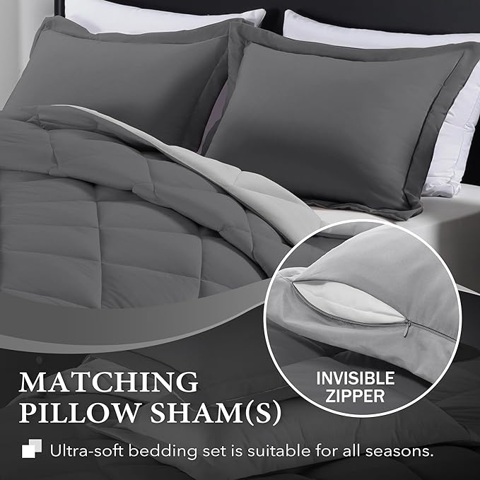 downluxe King Size Comforter Set - Charcoal and Grey King Comforter, Soft Bedding Sets for All Seasons -3 Pieces - 1 Comforter (104"x92") and 2 Pillow Shams(20"x36") - LeafyLoom
