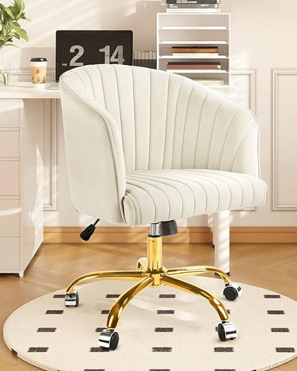 Velvet Office Desk Chair, Modern Home Office Chair with Swivel Gold Base, Comfy Vanity Desk Chair with Upholstered Back, Height Adjustable Computer Desk Chair for Home Office Bedroom Study, Ivory - LeafyLoom