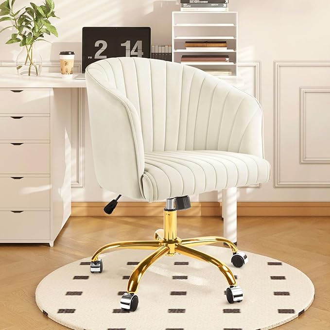 Velvet Office Desk Chair, Modern Home Office Chair with Swivel Gold Base, Comfy Vanity Desk Chair with Upholstered Back, Height Adjustable Computer Desk Chair for Home Office Bedroom Study, Ivory - LeafyLoom