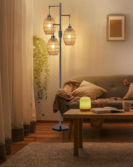 Boho Floor Lamps for Living Room Bedroom Rattan Floor Lamp With Three Wicker Woven Lampshades,Dimmable Rustic Floor Lamp Black Standing Lamp 68" Farmhouse Tall Three Floor Lamp For Bedroom Corner - LeafyLoom