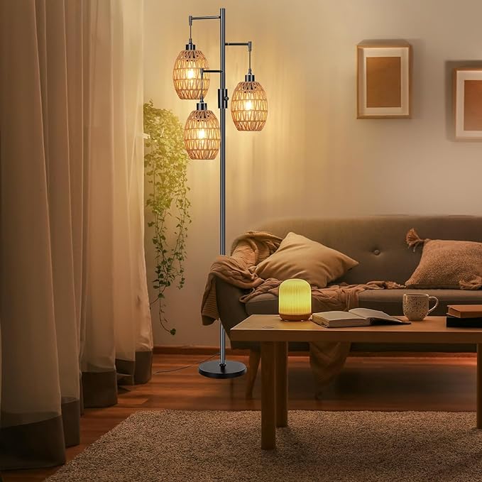 Boho Floor Lamps for Living Room Bedroom Rattan Floor Lamp With Three Wicker Woven Lampshades,Dimmable Rustic Floor Lamp Black Standing Lamp 68" Farmhouse Tall Three Floor Lamp For Bedroom Corner - LeafyLoom
