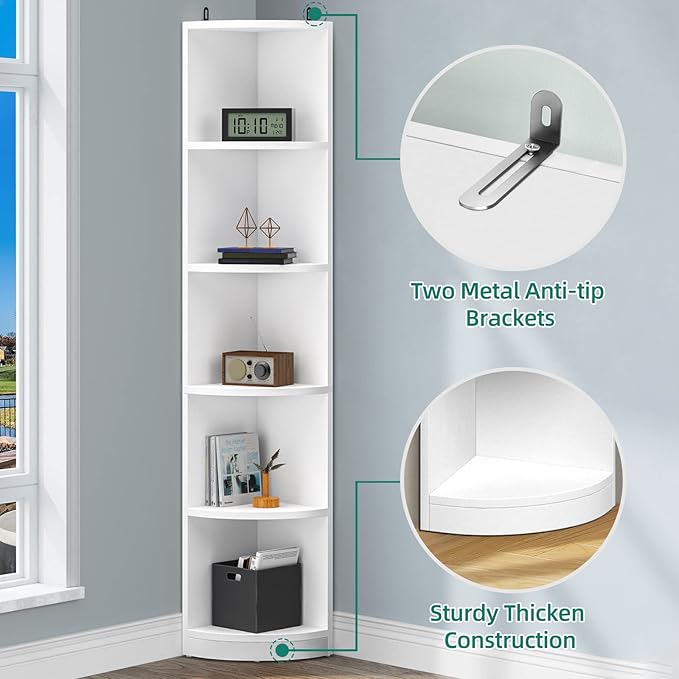 YITAHOME 5-Tier Corner Shelf, 70.8" Tall Modern Free Standing Corner Bookshelf, 5 Shelf Display Corner Bookcase and Bookshelves,Wooden Open Storage Book Shelves for Living Room, Home Office, White - LeafyLoom