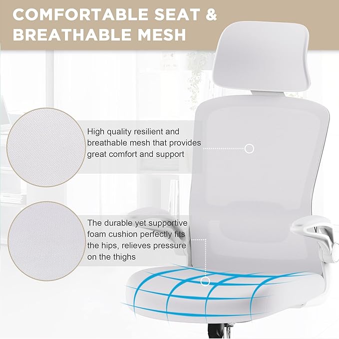 Mimoglad Office Chair, High Back Ergonomic Desk Chair with Adjustable Lumbar Support and Headrest, Swivel Task Chair with flip-up Armrests for Guitar Playing, 5 Years Warranty - LeafyLoom