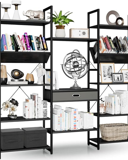 NUMENN Triple Wide 5 Tier Bookshelf, Adjustable Rustic Industrial Style Book Shelves, Modern Bookcases and Bookshelves Furniture for Bedroom, Living Room and Home Office, Elegant Black - LeafyLoom