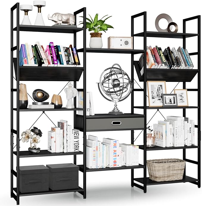 NUMENN Triple Wide 5 Tier Bookshelf, Adjustable Rustic Industrial Style Book Shelves, Modern Bookcases and Bookshelves Furniture for Bedroom, Living Room and Home Office, Elegant Black - LeafyLoom