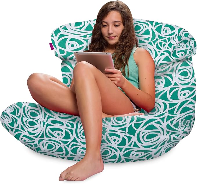Posh Creations Structured Comfy Bean Bag Chair for Gaming, Reading, and Watching TV, Laguna Lounger, Canvas - Roses Mint - LeafyLoom