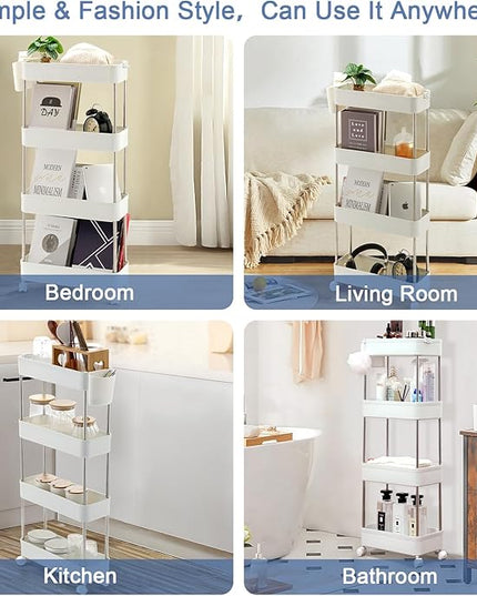 VECELO Storage Rolling Cart, 4 Tier Utility Cart Kitchen Slim Mobile Storage Unit Organizers with Wheels Hooks&Hanging Cups for Bedroom Bathroom Office Table Side in Narrow Places, White - LeafyLoom
