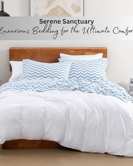 LANE LINEN 100% Organic Cotton Twin XL Sheets Set 3-Piece Pure Percale Bedsheets Bedding Breathable Fits Mattress Upto 15" Deep - Cool Blue Chevron - LeafyLoom