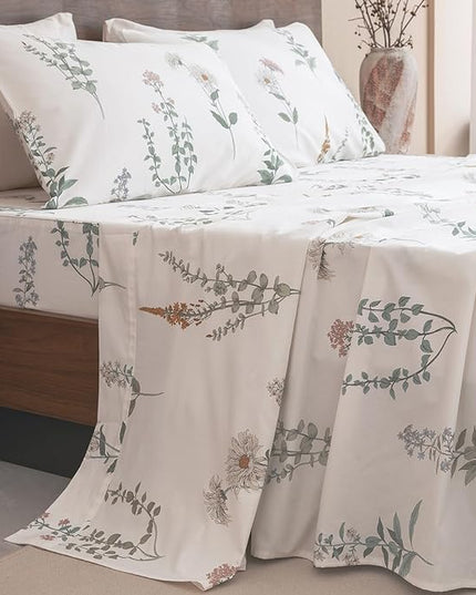 QSH Floral Queen Size Sheet Sets - 100% Egyptian Cotton Sheets Elegant Flower Pattern Printed Bedding Sheets Queen Size Bed Extra Soft and Breathable 4pcs Deep Pockets Bed Sheets - LeafyLoom