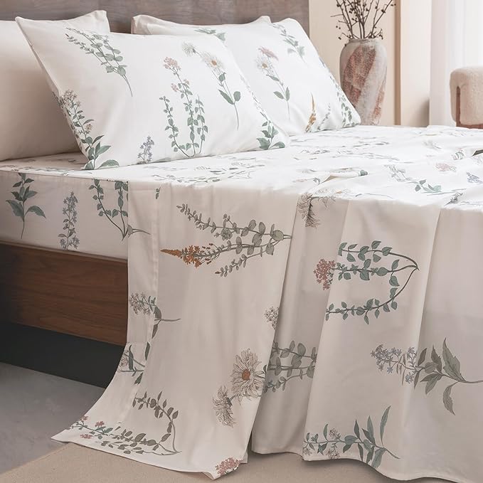 QSH Floral Queen Size Sheet Sets - 100% Egyptian Cotton Sheets Elegant Flower Pattern Printed Bedding Sheets Queen Size Bed Extra Soft and Breathable 4pcs Deep Pockets Bed Sheets - LeafyLoom