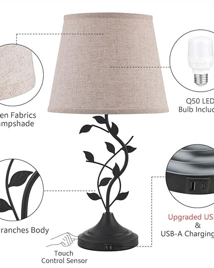 Kakanuo USB Touch Table Lamp Bedside Lamp with USB C Charging Ports for Living Room, Beige 3 Way Dimmable Traditional Nightstand Lamp Retro Table Lamp for Bedroom and Office (LED Bulb Included) - LeafyLoom
