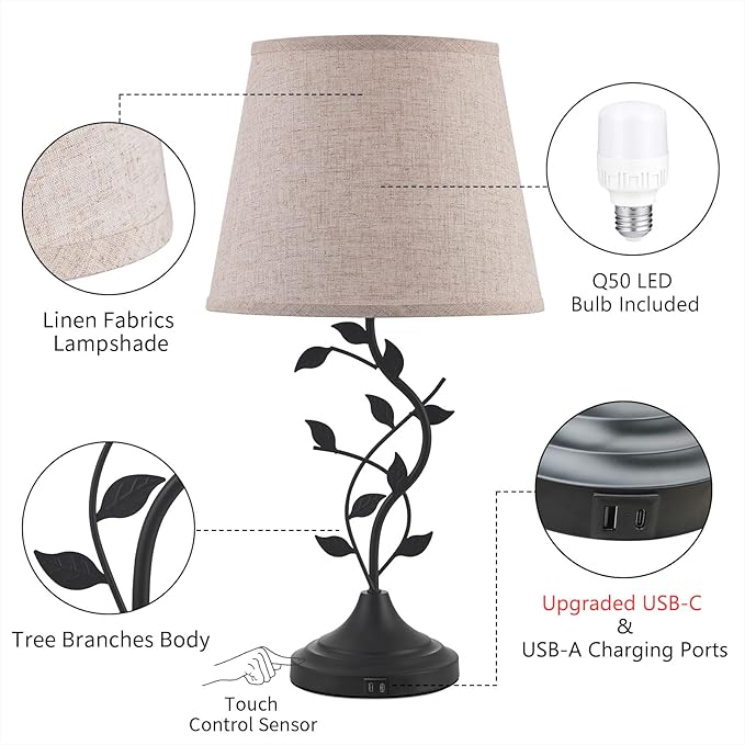 Kakanuo USB Touch Table Lamp Bedside Lamp with USB C Charging Ports for Living Room, Beige 3 Way Dimmable Traditional Nightstand Lamp Retro Table Lamp for Bedroom and Office (LED Bulb Included) - LeafyLoom